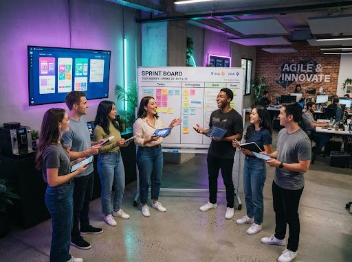Software team planning a project around a sprint board